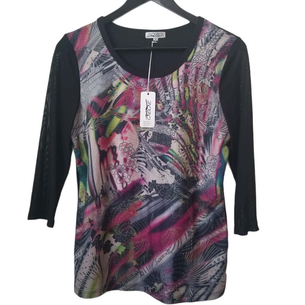 Zozo women's floral print 3/4 sheer sleeve shirt